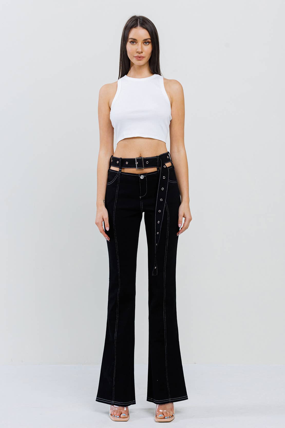 Cutout featured stitch belted on bell bottom pants