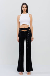 Cutout featured stitch belted on bell bottom pants