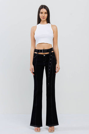 Cutout featured stitch belted on bell bottom pants