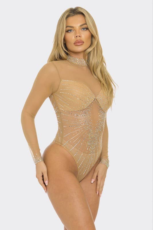 Green Rhinestone Mesh Bodysuit