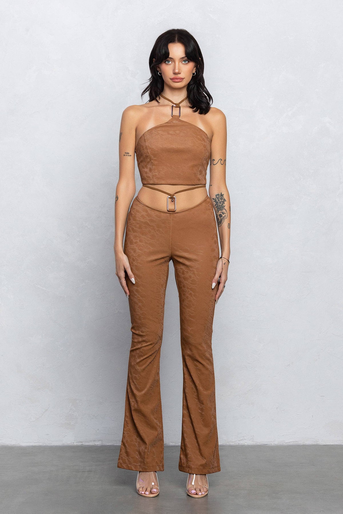Faux leather square buckle top & flare pants