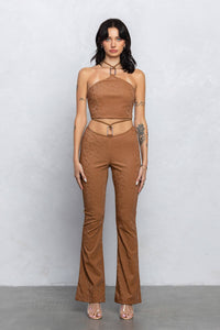 Faux leather square buckle top & flare pants