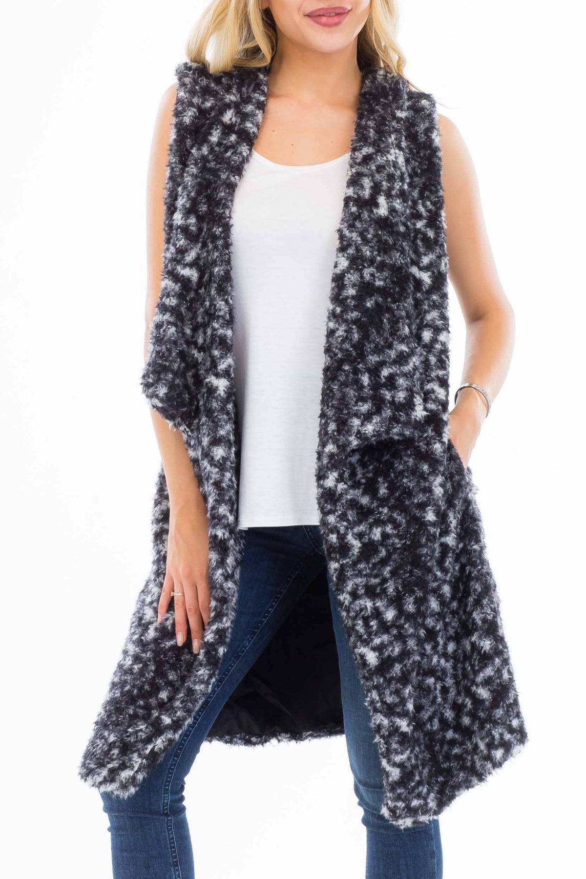 Open Front Faux Fur Leopard Long Vest