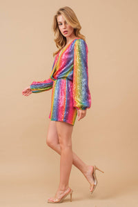 Sequin Wrap Long Rainbow Romper