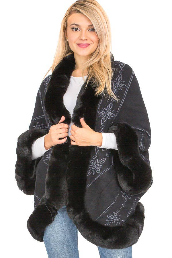 Lily Floral Print Faux Fur Lined Open Silhouette Shawl Cape