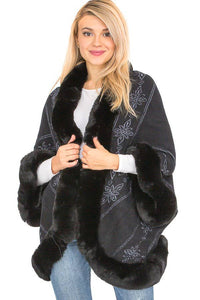 Lily Floral Print Faux Fur Lined Open Silhouette Shawl Cape