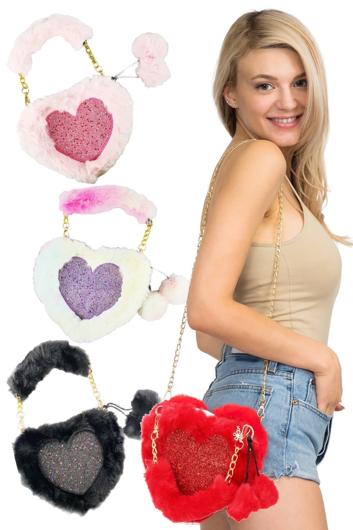 Heart Glitter Faux Fur Crossbody Shoulder Bag