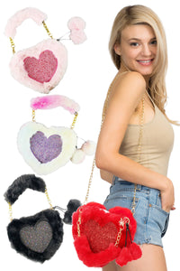 Heart Glitter Faux Fur Crossbody Shoulder Bag