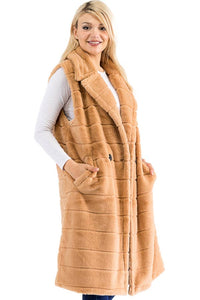 Quilted Fluffy Faux Fur Pocketed Midi-Length Vest