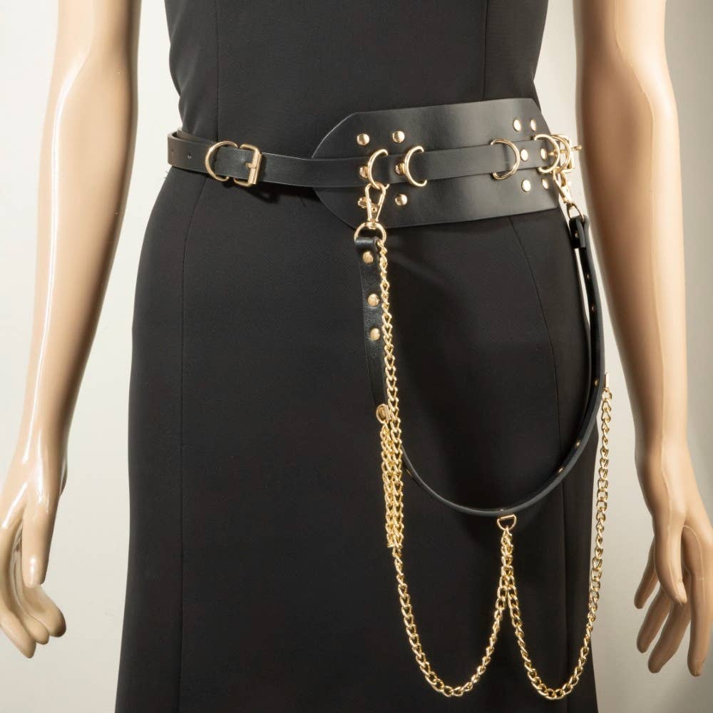Wide Studded Vegan Leather With Chain Drape Belt