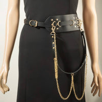 Wide Studded Vegan Leather With Chain Drape Belt