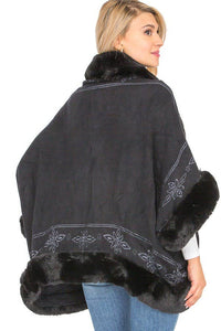 Lily Floral Print Faux Fur Lined Open Silhouette Shawl Cape