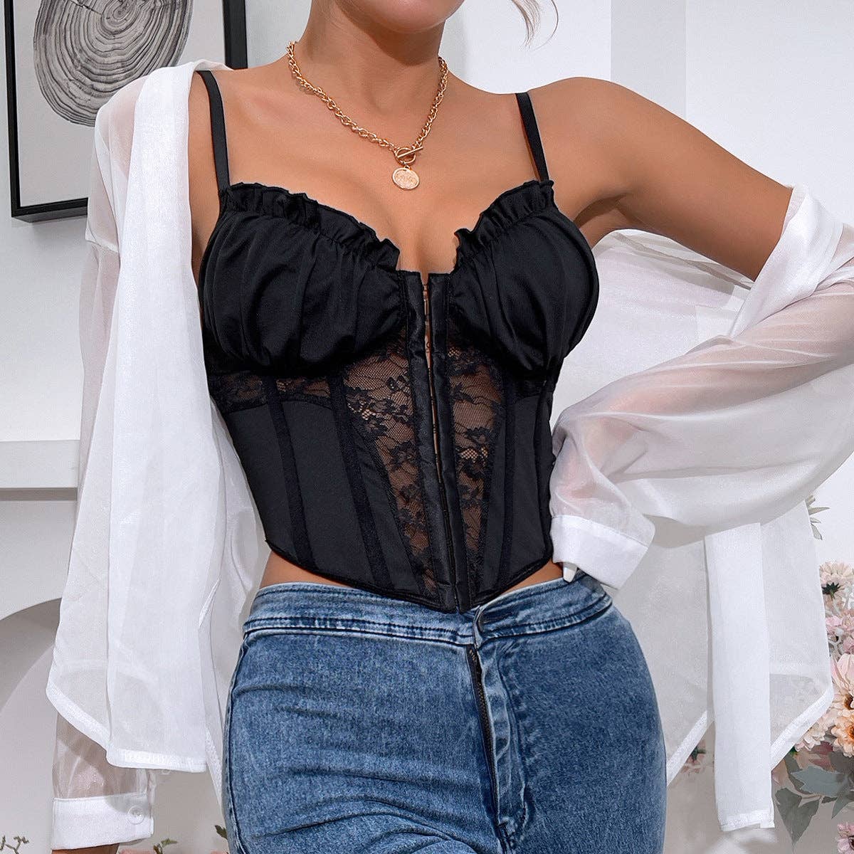 Lace Pleated Backless Bustier