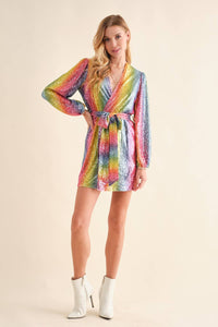 Rainbow Sequin Wrap Tie Glamour Dress