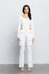 Cargo stretch twill bootcut pants w/ zipper detail