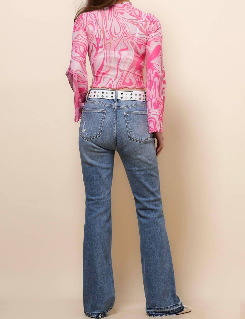 Ladies Print Flare Sleeves Mesh Top