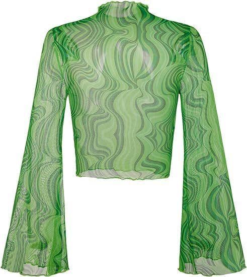 Ladies Print Flare Sleeves Mesh Top