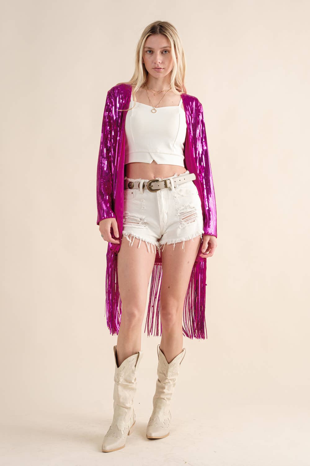 Sequin Fringe Star Back Open Jacket