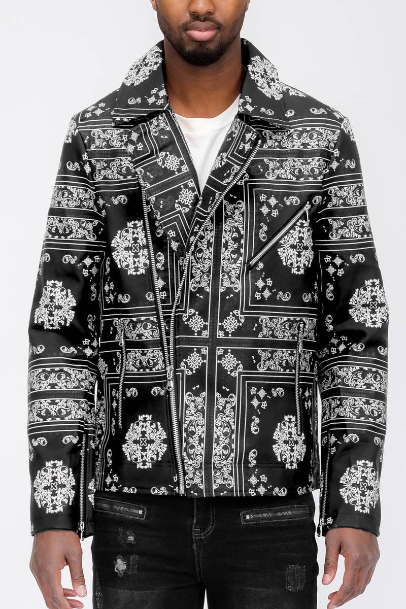 BLACK BANDANA PRINT MOTO LEATHER JACKET