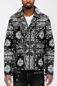 BLACK BANDANA PRINT MOTO LEATHER JACKET