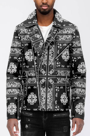 BLACK BANDANA PRINT MOTO LEATHER JACKET