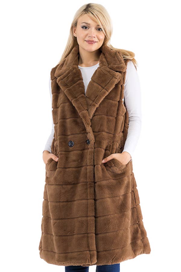 Quilted Fluffy Faux Fur Pocketed Midi-Length Vest