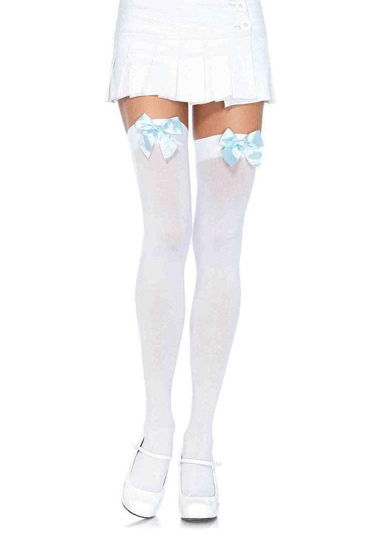 Kay Opaque Thigh Highs: White/Light Blue / One Size