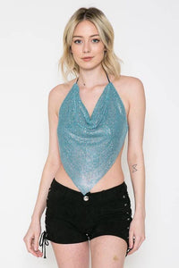 Metallic Rhinestone Backless Cowl Neck Crop Top