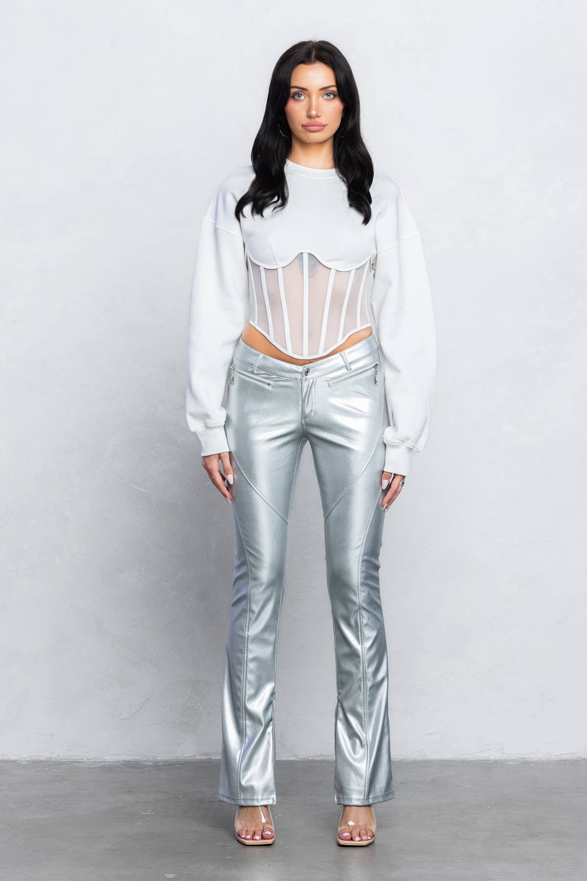 V-cut Faux leather boot-cut pants