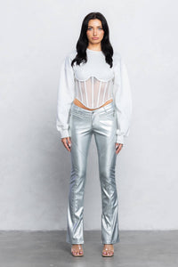 V-cut Faux leather boot-cut pants