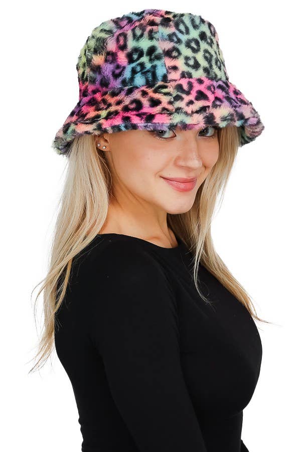 Tie Dye Leopard Patterned Faux Fur Bucket Hat
