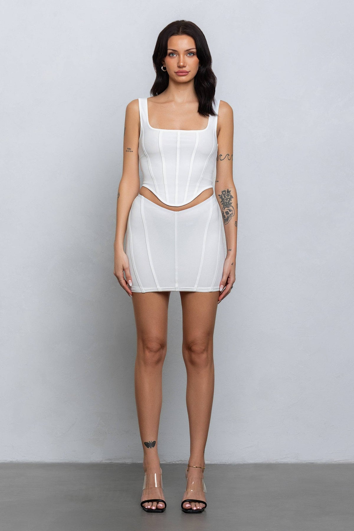 Mesh bustier top and mini skirt