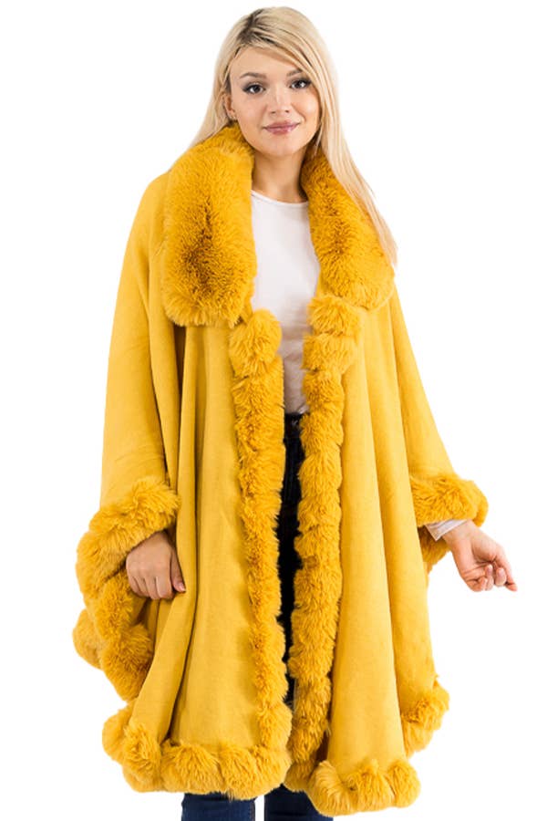 Ruffle Twisted Bubble Teddy Faux Fur Lined Open Ruana Poncho