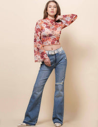 Ladies Print Flare Sleeves Mesh Top