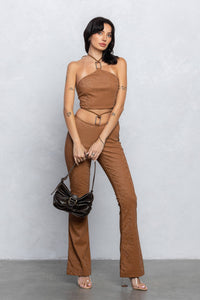 Faux leather square buckle top & flare pants