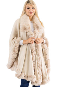 Ruffle Twisted Bubble Teddy Faux Fur Lined Open Ruana Poncho