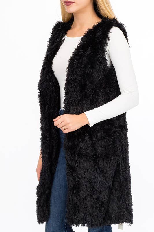 Glossy Faux Fur Long Vest