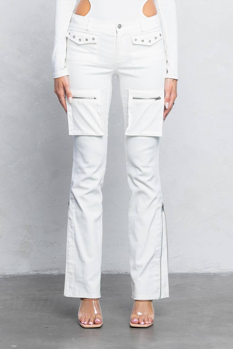 Cargo stretch twill bootcut pants w/ zipper detail