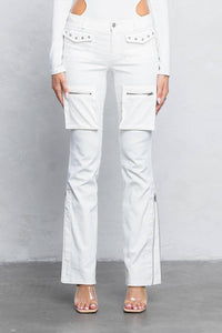 Cargo stretch twill bootcut pants w/ zipper detail