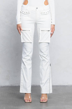 Cargo stretch twill bootcut pants w/ zipper detail