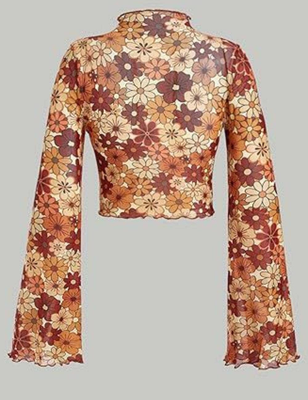 Ladies Print Flare Sleeves Mesh Top