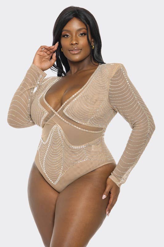 Plus Size  Rhinestone Fishnet Bodysuit