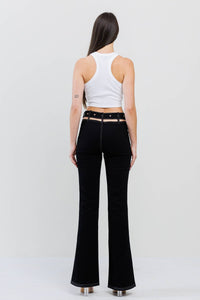 Cutout featured stitch belted on bell bottom pants