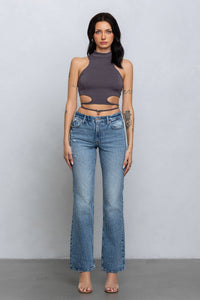 Crop jersey cut out tank top w/ clasp tie detail
