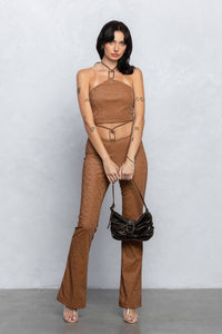 Faux leather square buckle top & flare pants