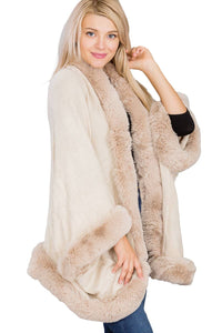 Luxury Faux Fur Lined Single Layered Shawl Poncho