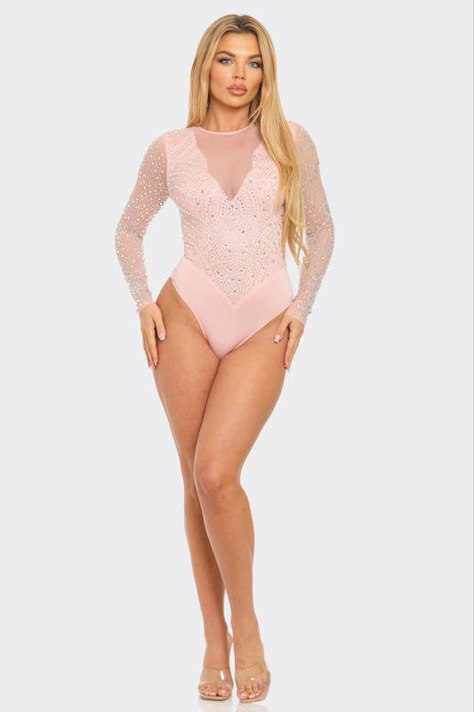 Rhinestone Mesh Long Sleeve Bodysuit