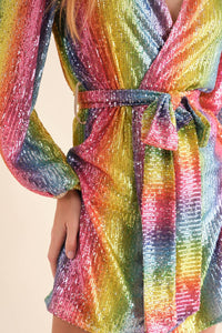Rainbow Sequin Wrap Tie Glamour Dress