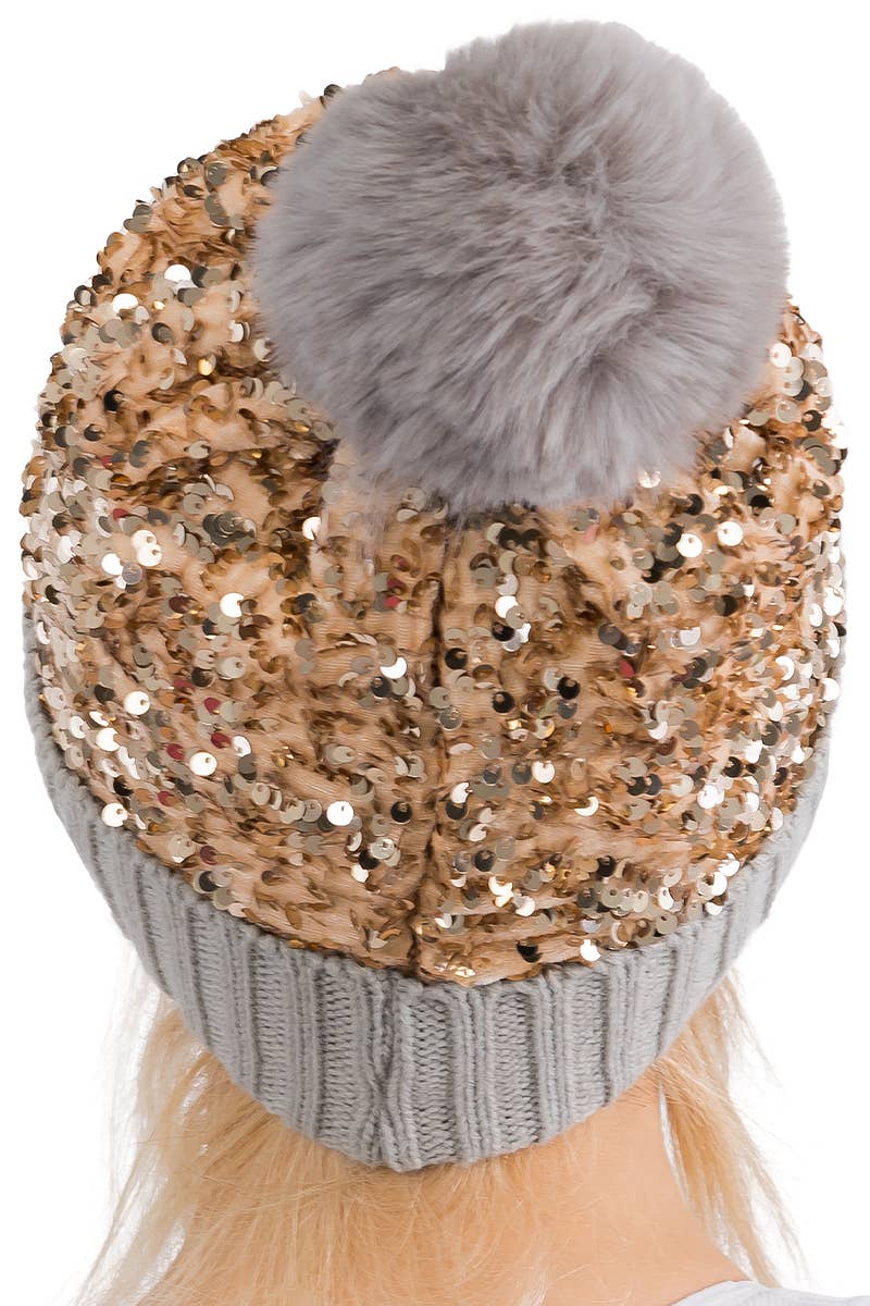 Bedazzled Metallic Sequins Knitted Pom Pom Beanie