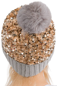 Bedazzled Metallic Sequins Knitted Pom Pom Beanie